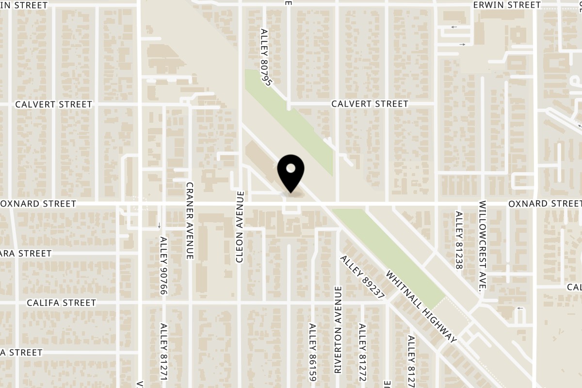 Map showing the location of Barnrau Thai Halal Cuisine on 10825 Oxnard St in North Hollywood